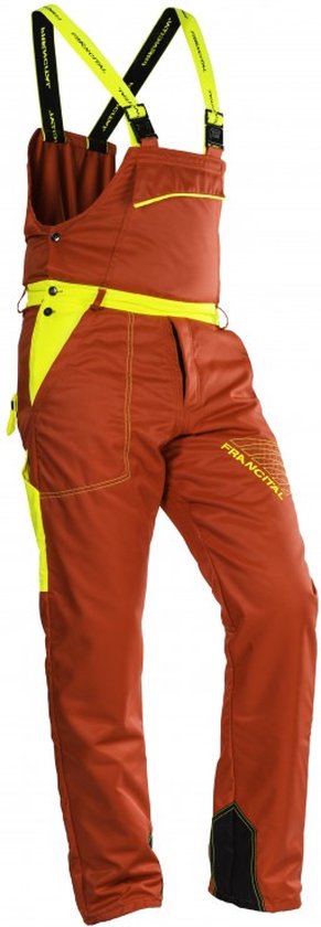 Salopette rouge avec accents jaunes, bretelles jaunes et le texte 'FRANCITAL' sur la jambe.