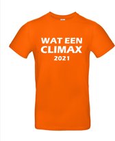T-shirt oranje  WAT EEN CLIMAX 2021 | race supporter fan shirt | Formule 1 fan kleding | Max Verstappen / Red Bull racing supporter | wereldkampioen / kampioen | racing souvenir
