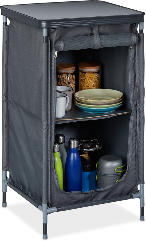 campingkast opvouwbaar - 2 vakken - 87x47,5x47,5 cm - met tafelblad - grijs — afbeelding 2