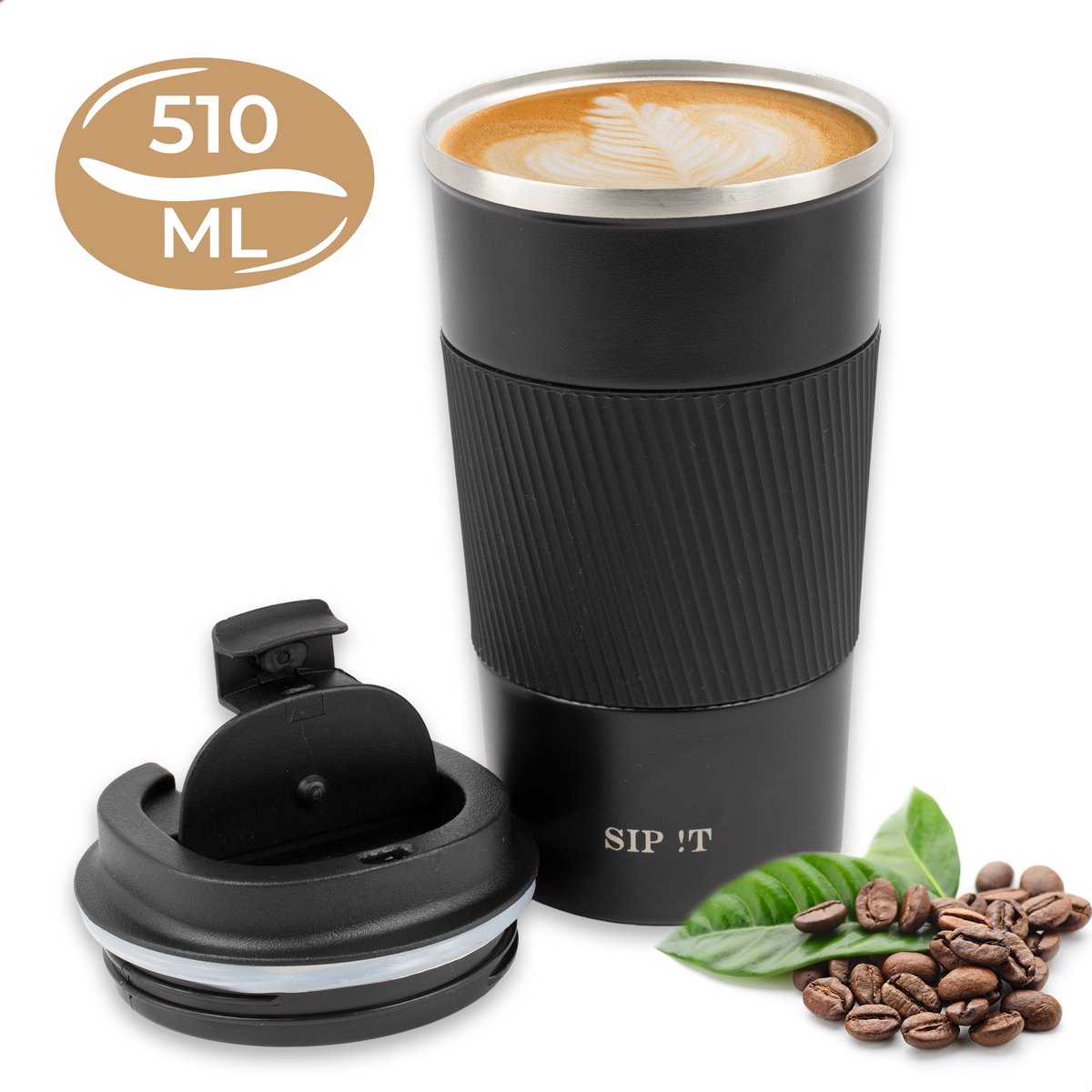 SIP !T® Premium RVS Koffiebeker To Go Thermosbeker – 510 ML – Herbruikbare Koffie & Theebeker – Lekvrij – Zwart - Valentijn