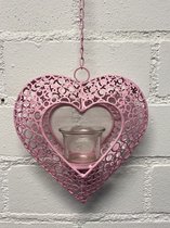 Decoratieve metalen hanger 'hart" met theelichthouder - roze - lengte 50x19x19 cm - voor binnen - Woonaccesoires - Decoratieve hangers