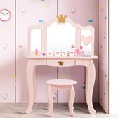 meubelexpert - kinderkaptafel met driebladige spiegel, verwijderbare kruk inclusief roze
