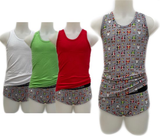 Set van witte, groene en rode singlets met grijze onderbroeken met patroon van hondjes.