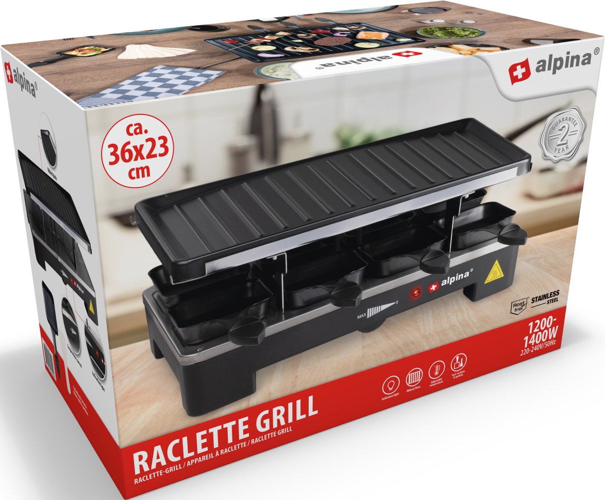 Appareil à raclette 4 personnes 800W Polyvalent Grill + Raclette Revêtement  Anti-adhésif Poelons et spatules 230V ALPINA