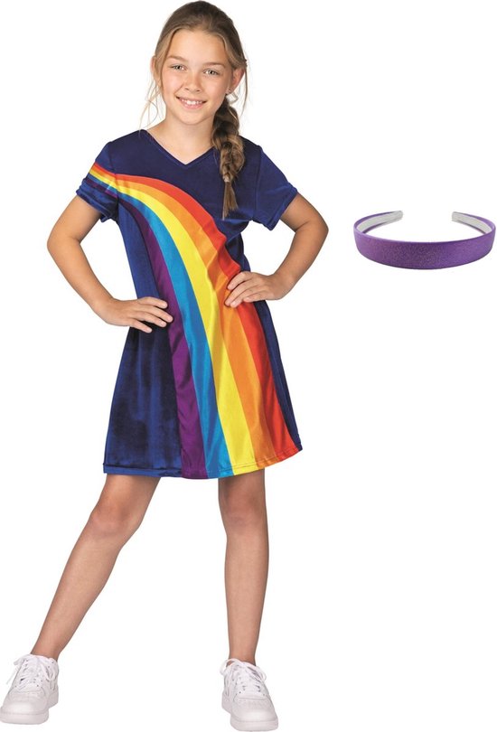 K3 regenboogjurkje - regenboog jurkje - blauw - verkleedjurk - mt 3-5 jaar + haarband