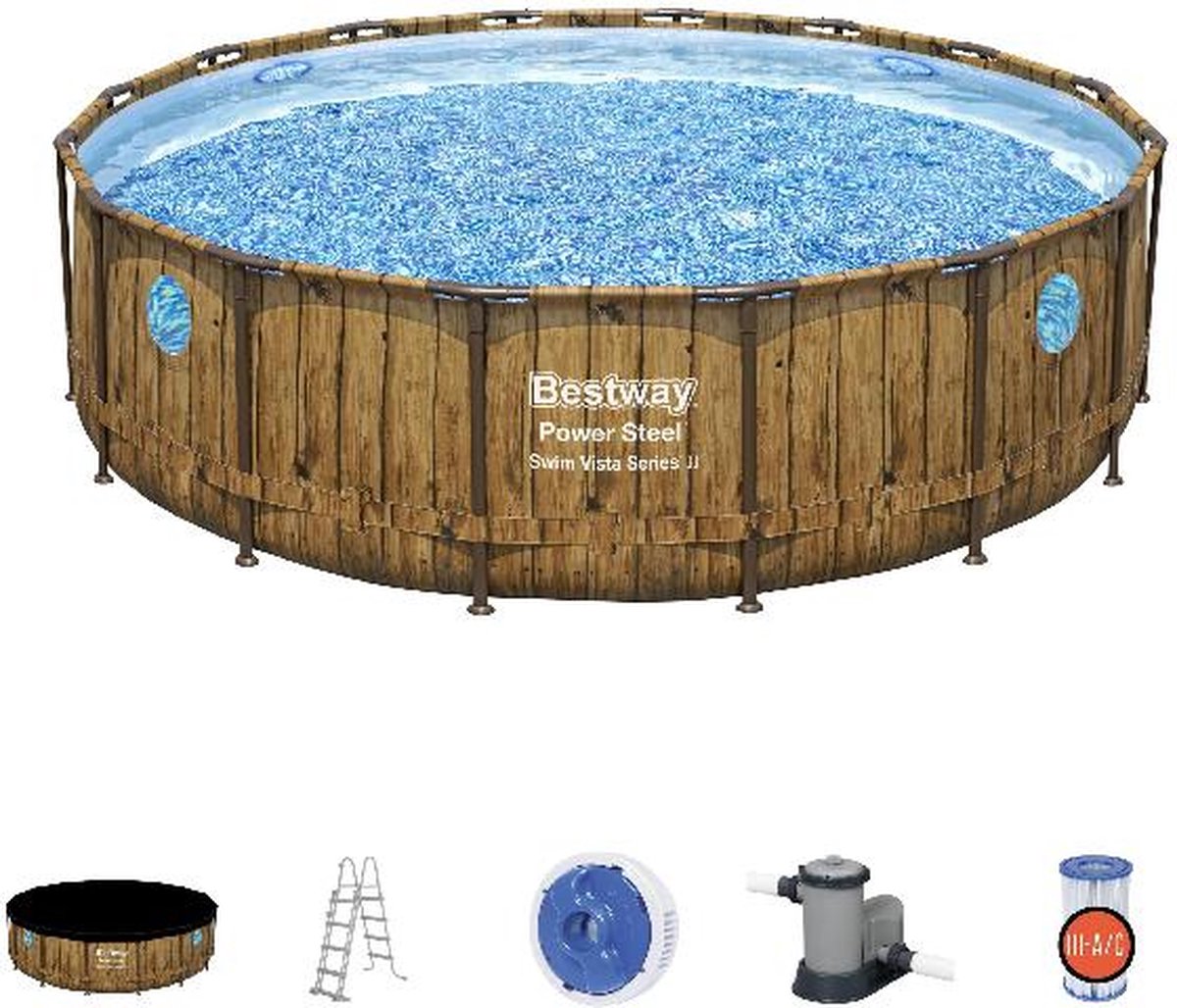 Bestway - Power Steel Swim Vista - Opzetzwembad inclusief filterpomp en accessoires - 488x122 cm - Houtprint - Rond — afbeelding 6