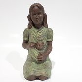 Rob Kunen / Skulptuur / beeld / Meisje met kat / poes - bruin / groen - 12 x 14 x 27 cm hoog.
