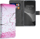 kwmobile telefoonhoesje voor Xiaomi Mi 11i / Poco F3 - Hoesje met pasjeshouder in poederroze / donkerbruin / wit - Kersenbloesembladeren design