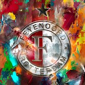 JJ-Art (Glas) | Feyenoord logo, embleem, abstract, olieverf geschilderde stijl, woonkamer - slaapkamer | Industrieel, Rotterdam, voetbal, sport, modern, vierkant | Foto-schilderij-glasschilde