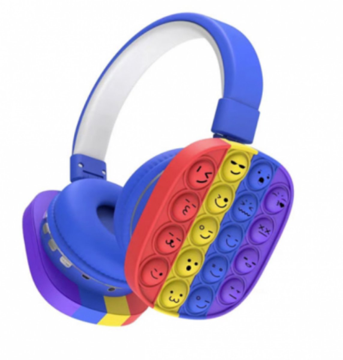 Koptelefoon Pop it fidget met smiley's gezichten voor kinderen - Bluetooth Koptelefoon voor kinderen - Regenboog Hoofdtelefoon - Headset - Blauw