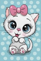 Diamond painting - Cute kitten - kitten met roze strik - 20x30 cm - full - rond - gespannen op canva