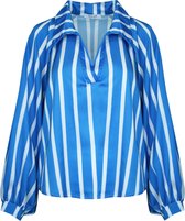 Blouse Cindy - Satijnen Blouse met V-hals - Gestreept - Blauw