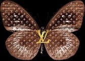 60 x 80 cm - Glasschilderij - Bruine vlinder - Louis Vuitton logo - schilderij fotokunst - verwerkt met goudfolie