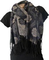 Lange Warme Dames Sjaal - 2-Zijdig - Bloemenprint - Marineblauw - Beige - Zwart - 180 x 65 cm (18-1)
