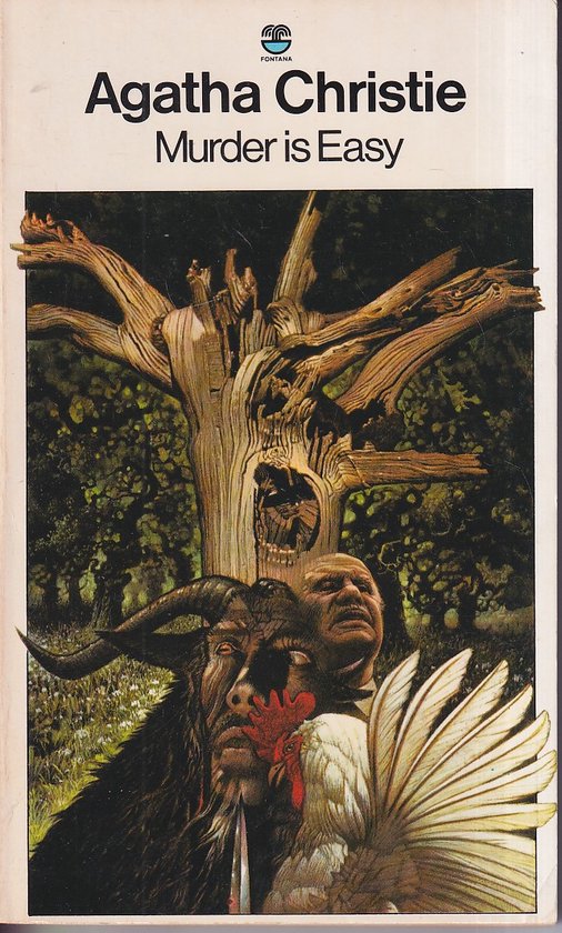 Couverture du livre Agatha Christie 'Murder is Easy' avec une créature démoniaque à cornes, un coq et un vieil arbre.