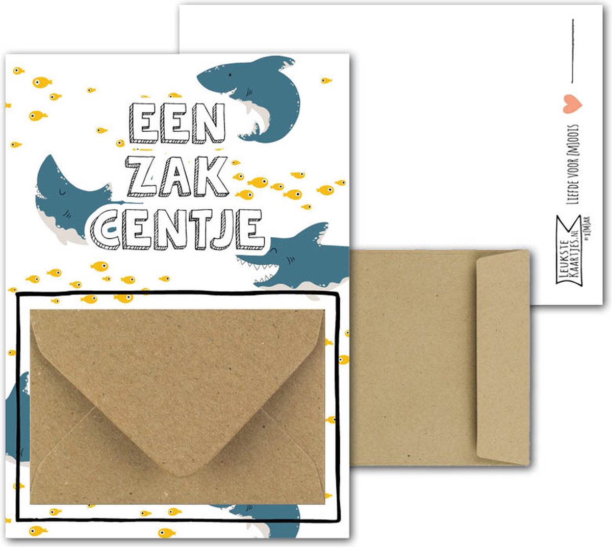 Geldkaart met mini Envelopje -> Zakcentje - No:03-2 (Haai met gele visjes-zakcentje) - LeuksteKaartjes.nl by xMar