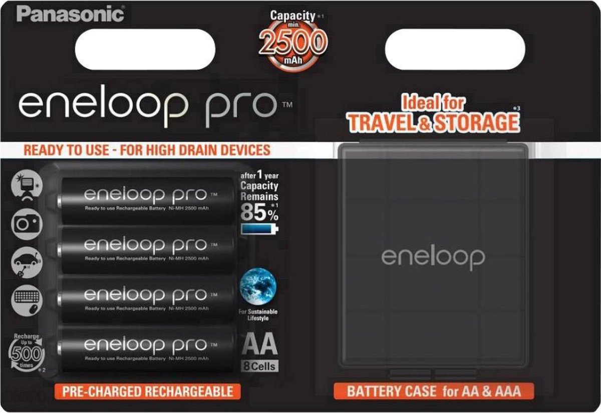 Eneloop - 4x Oplaadbare Eneloop Batterij AA 2500 mAh + Opbergdoos - Oplaadbaar - Duurzaam - Tot 500 x Opladen - AA/Penlite/Mignon/LR06