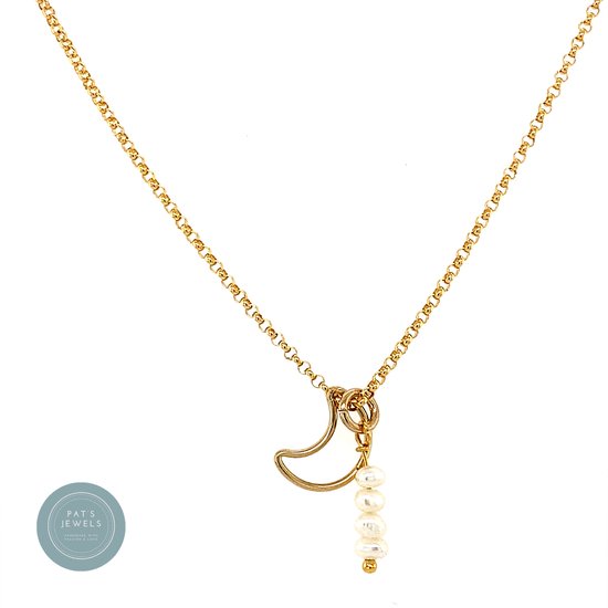 Pat's Jewels dames Ketting - Minimalistische ketting - Parel hanger - Maan bedeltje - Gold Filled - 41/ 46 cm