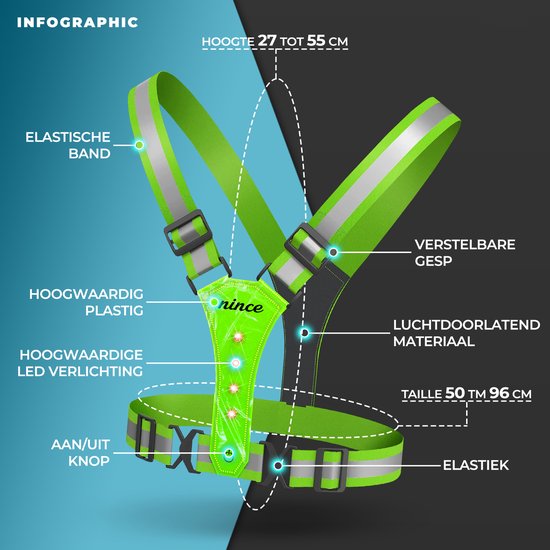 Nince Hardloop Verlichting Van Hoge Kwaliteit USB Oplaadbaar (Geel) - One Size Fits All - Hardloopvest Geel - Reflecterend vest - Nince