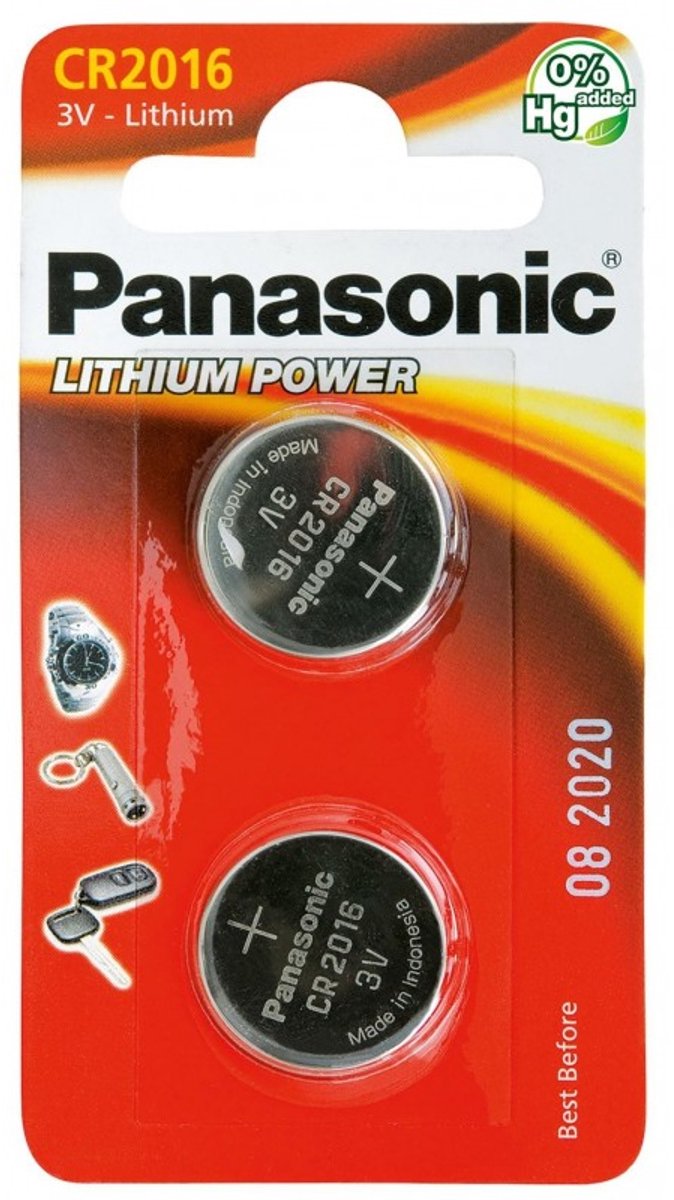 2 Stuks (1 Blister a 2st) - Panasonic CR2016 Professional Electronics 3V 90mAh Lithium knoopcel