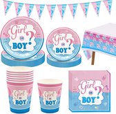 66 stuks - Gender Reveal Feestpakket - feestservies - geslacht onthullen - Inclusief borden, kopjes, servetten, tafelkleed & banner - Voor 16 gasten