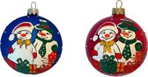 Fairy Glass - Sneeuwman & vrouw met cadeaus - 2 stuks - Rood & blauw - Handbeschilderde Kerstbal - Mond geblazen glas - 8cm