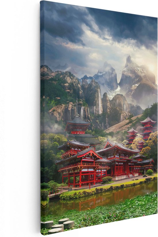 Artaza Canvas Schilderij Chinese Tempels in de Bergen bij het Water - 60x90 - Foto Op Canvas - Wanddecoratie