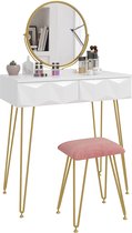 Luxury Buy® kaptafel- make-up tafel- 360° draaibare make-up spiegel, met 2 lades, gevoerde fluwelen kruk, 3D-effectblad, wit goud