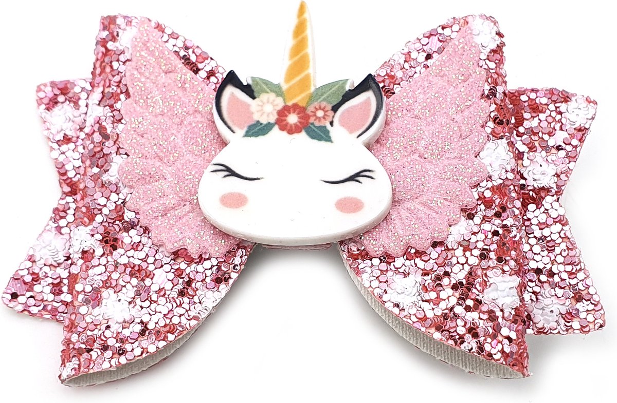Roze alligator haarclip met unicorn en glitter - 5x8 cm