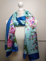 Lange dames sjaal Indira gebloemd motief blauw groen cerise paars wit roze