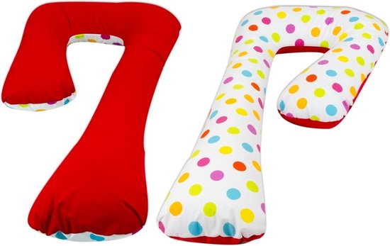 Zijslaapkussen - 235 cm - 100% katoen - rood met felgekleurde stippen