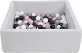 Ballenbak vierkant - grijs - 90x90x30 cm - met 150 wit, roze, grijs en zwarte ballen