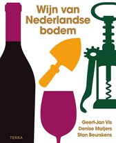 Boek "Wijn van Nederlandse bodem" met illustratie van wijnfles, wijnglas, spade en kurkentrekker.