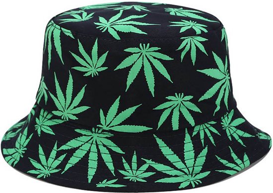 Foto: Bucket hat vissershoed zwart met print wiet bladeren maat one size