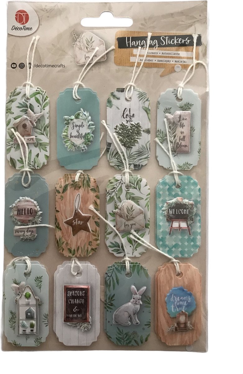 Deco Time - 3D Hangtag Stickers - 12 stuks - FOR YOU - Tekst/Olijftak - Groen/Wit/Bruin