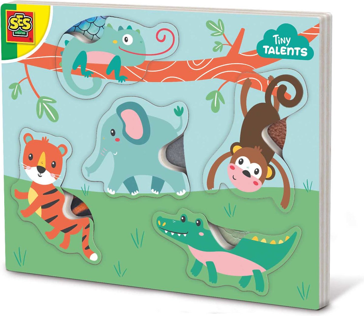 SES Tiny Talents - Voelpuzzel dieren - aap, olifant, krokodil, tijger en kameleon - inclusief stukjes vacht structuur