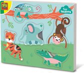 SES - Tiny Talents - Voelpuzzel dieren - aap, olifant, krokodil, tijger en kameleon - inclusief stukjes vacht structuur