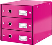 Leitz WOW Click & Store Kartonnen Ladekast Met 3 Laden voor A4 Formaten - 28.6 x 28.2 x 35.8 Cm (BxHxD) - Ideaal voor Kantoor en Thuiswerken/Thuiswerkplek - Roze