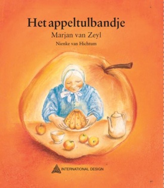 Boekomslag met illustratie van een vrouw in blauw met een witte kap, die een appel tulband presenteert. Buiten de tulband zijn appels en een theepot te zien.