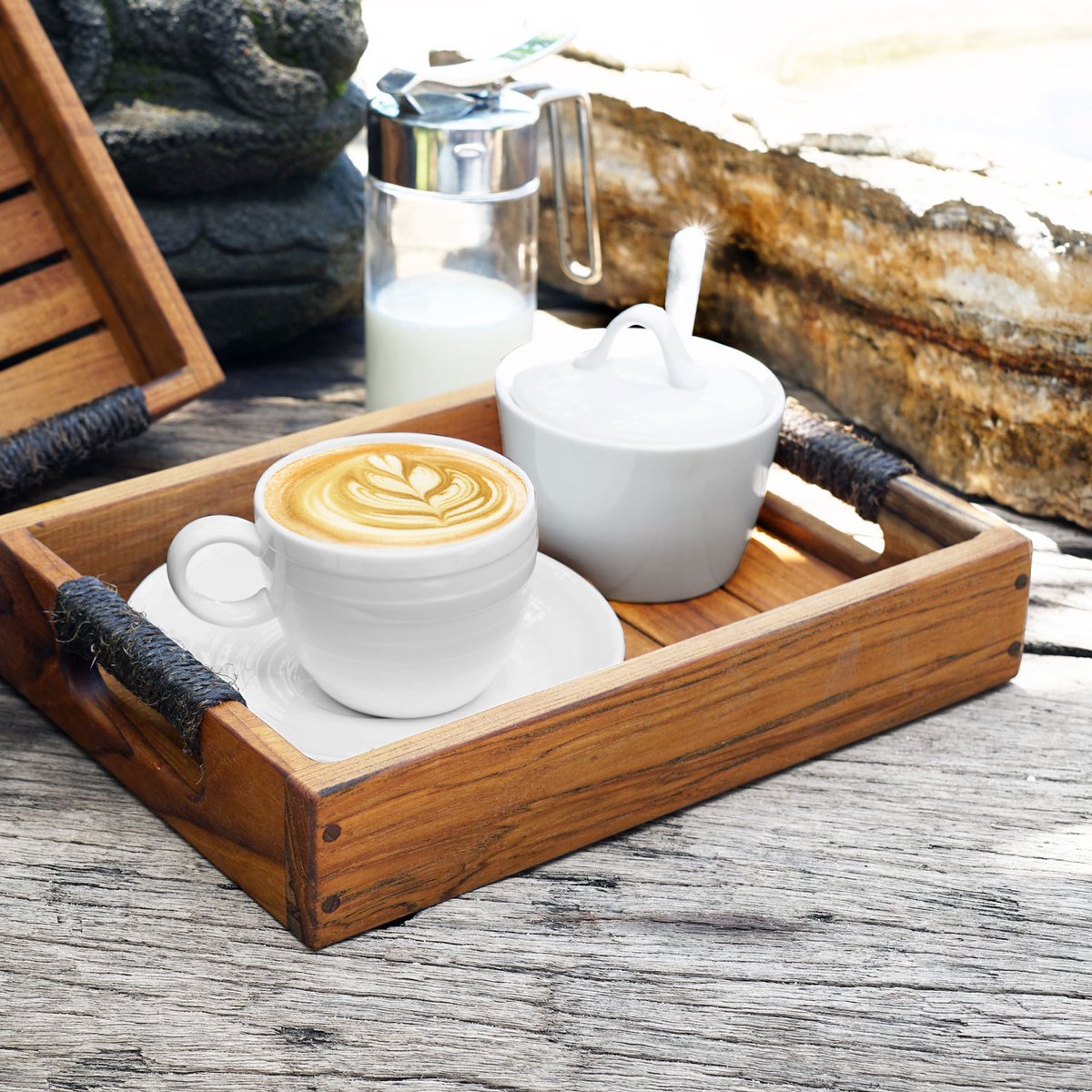 Houten koffie dienblad - tray - houten kratje 'Le Matin' 26cm x 17cm x 5cm vervaardigd uit gecertificeerd teak.