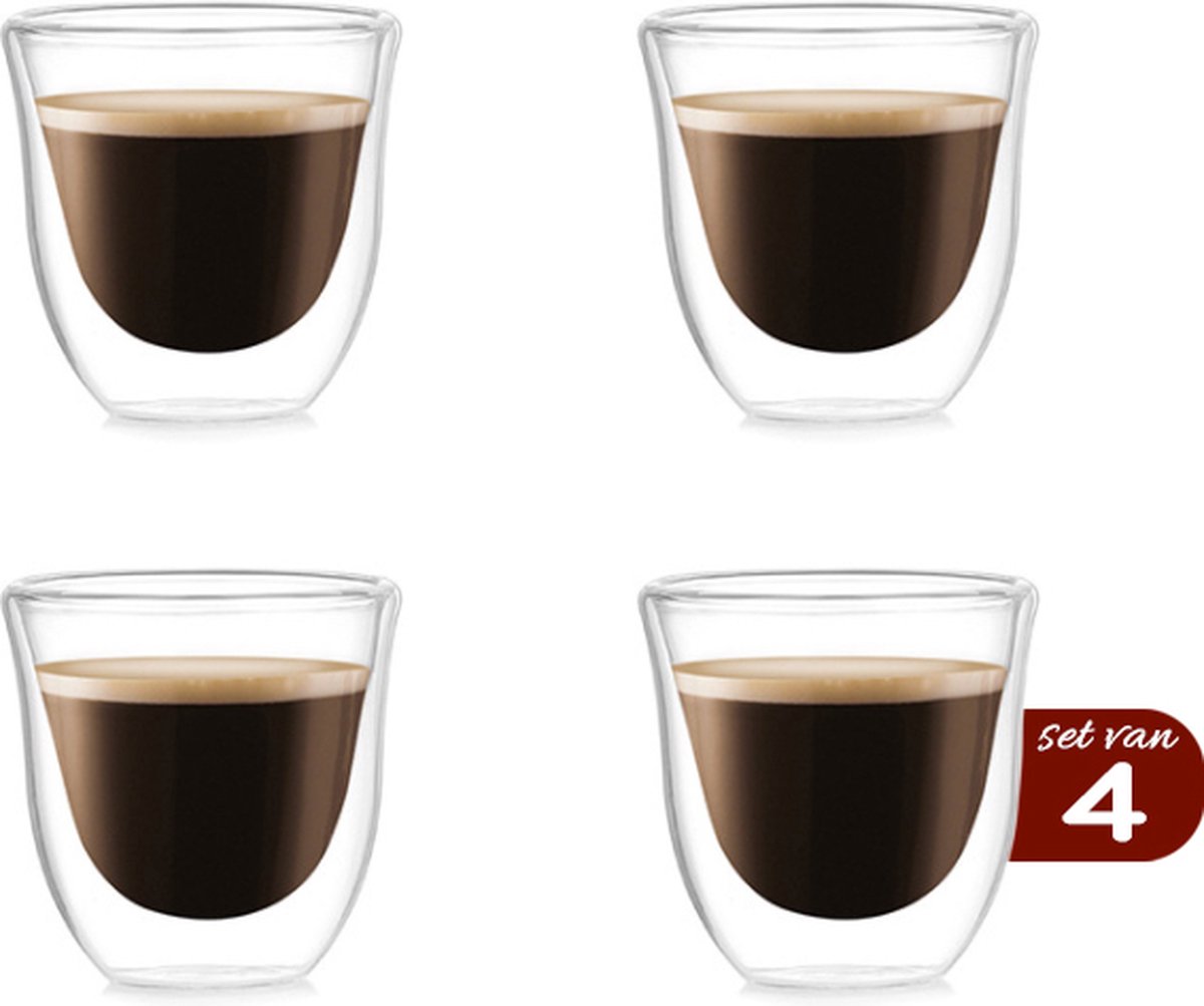 Premium Dubbelwandige Espresso Glaasjes - 70 ML - Set Van 4 Handgeblazen Espressoglazen - Espresso kopjes