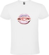 Wit t-shirt met Roze Mond met Roos groot size XL