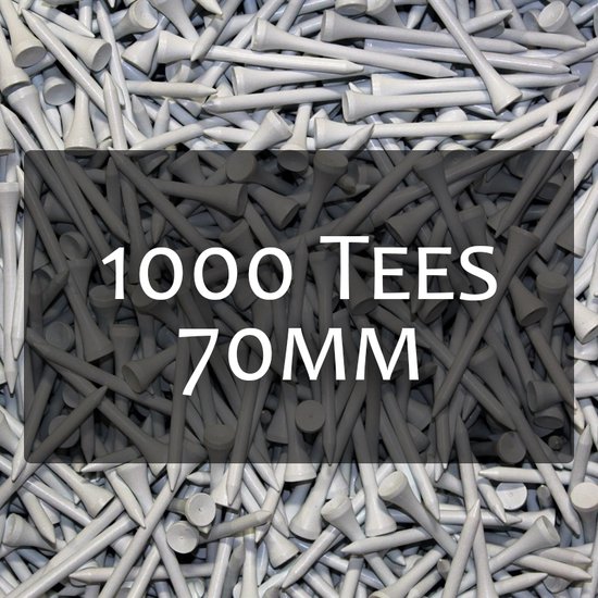Een grote hoop witte houten golftees van 70 mm. Tekst op de afbeelding: 1000 Tees 70mm.