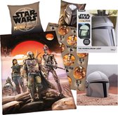 Star Wars The Mandalorian Dekbedovertrek- 140x200cm- katoen- 1persoons- dubbelzijdig design, incl. Paladone Disney Star Wars Mandalorian Helm Lamp.