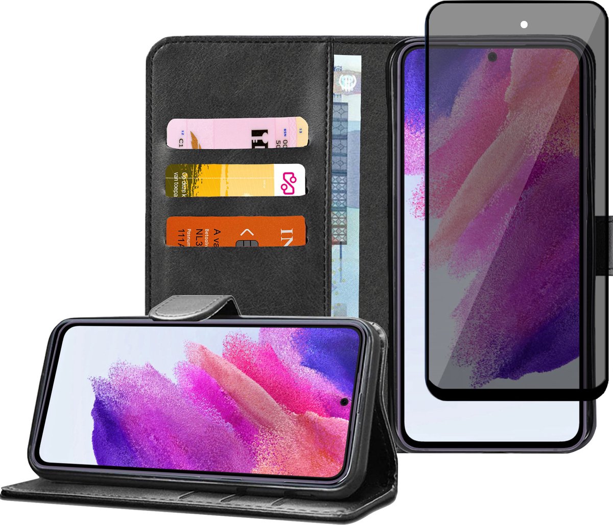 Hoesje geschikt voor Samsung S21 FE - Privacy Screenprotector Tempered Glas Prive Screen Cover - Book Case Flip Hoes Zwart