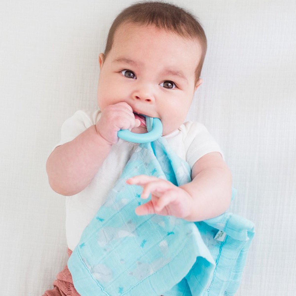 Green Sprouts Organic Cotton Muslin Blankie Teether Knuffeldoekje - Zacht Hydrofiel Doekje met Afneembare Siliconen Bijtring - 4 Lagen Biologisch Katoen - Vanaf 0 Maanden - Aqua Vos - Machinewasbaar