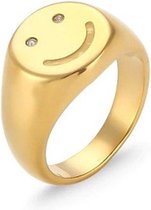 Smiley Gouden Ring met Witte Steentjes 18K Plated Gouden Ring RVS Roestvrijstaal Sieraden Emoticon Ring Zegelring