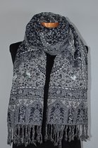 Wollen geborduurde sjaal en omslagdoek Donkerblauw-Grijs