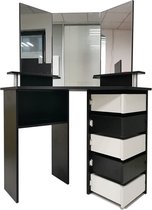 Hoek kaptafel make up visagie opmaaktafel met 3 spiegels veel opbergruimte 111 cm x 142 cm zwart
