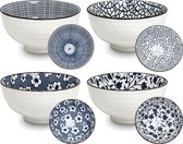 Servies  set bestaande uit {set van 4 kommen assorti } soepkom, saladekom, tapas schaaltje, hoogte 6 cm diameter 11,5 cm inhoud 250 cc kleuren blauw wit.